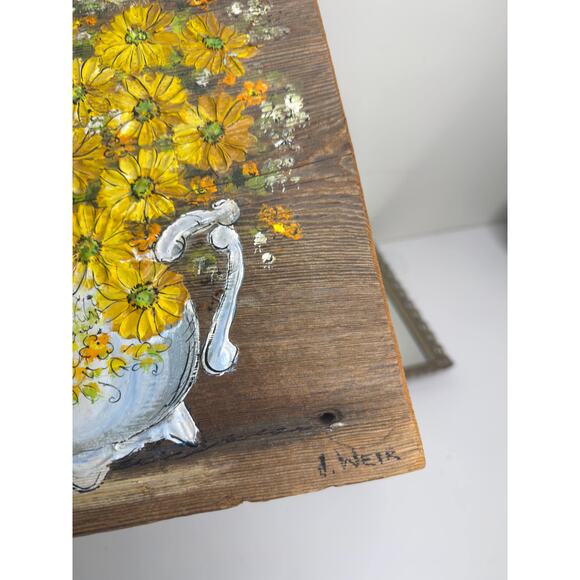 Vintage Signed Yellow Floral Still life on wood plaque , Country Cottage Farmhou - Picture 6 of 9